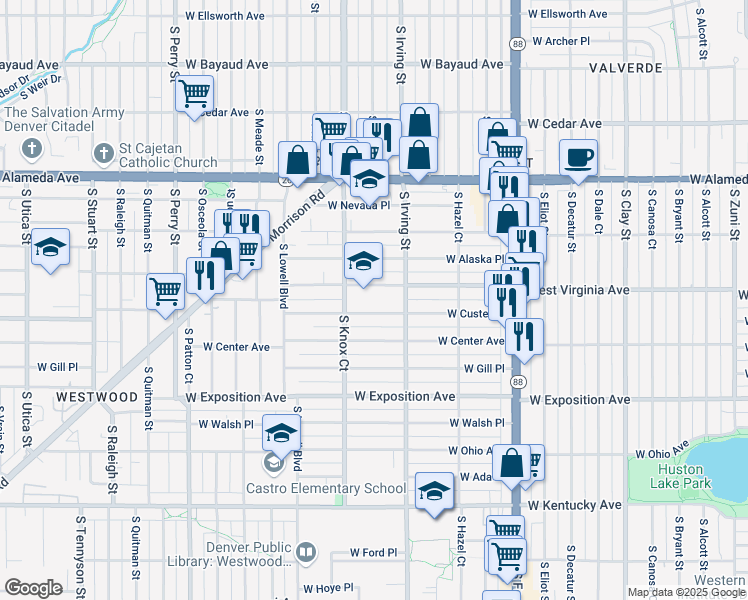 map of restaurants, bars, coffee shops, grocery stores, and more near 3412 West Custer Place in Denver