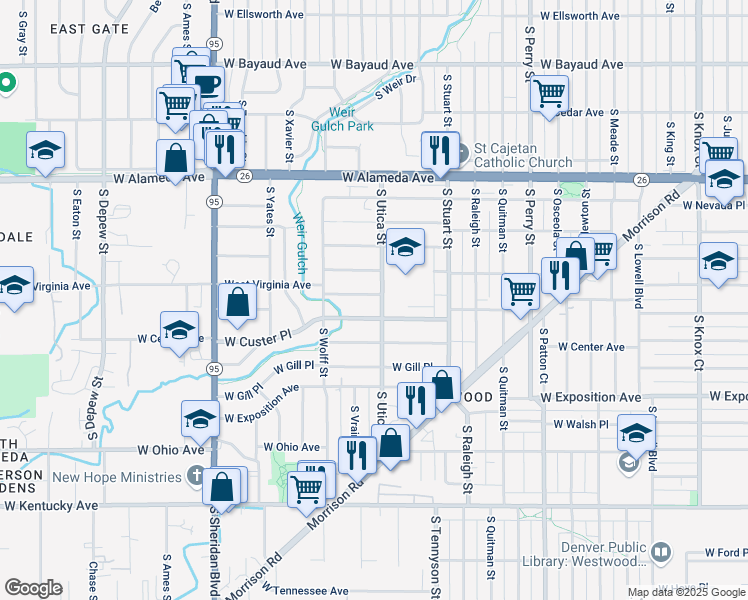 map of restaurants, bars, coffee shops, grocery stores, and more near 4544 West Custer Place in Denver