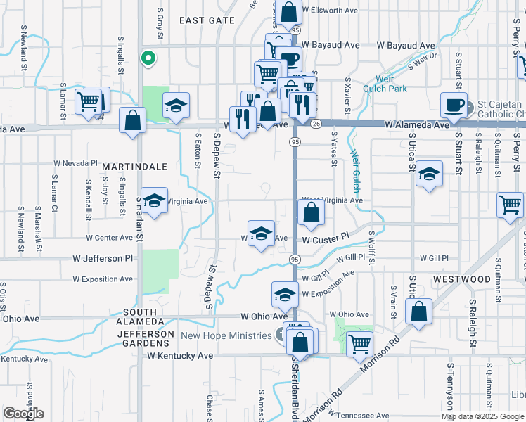 map of restaurants, bars, coffee shops, grocery stores, and more near 5350 West Virginia Avenue in Lakewood