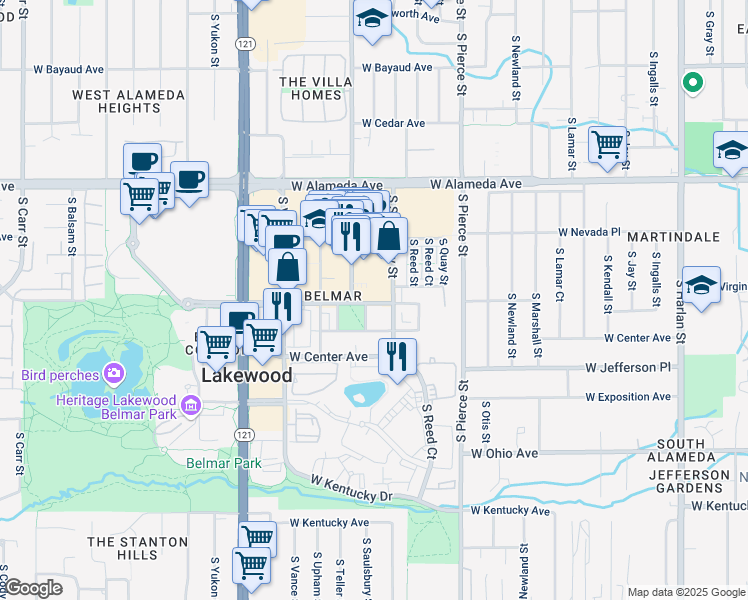 map of restaurants, bars, coffee shops, grocery stores, and more near 7241 West Custer Avenue in Lakewood