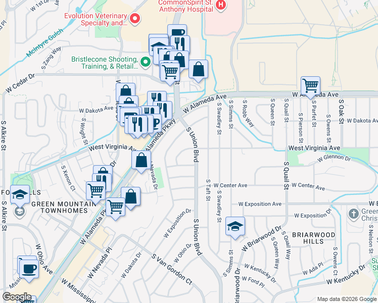 map of restaurants, bars, coffee shops, grocery stores, and more near 12015 West Virginia Place in Lakewood