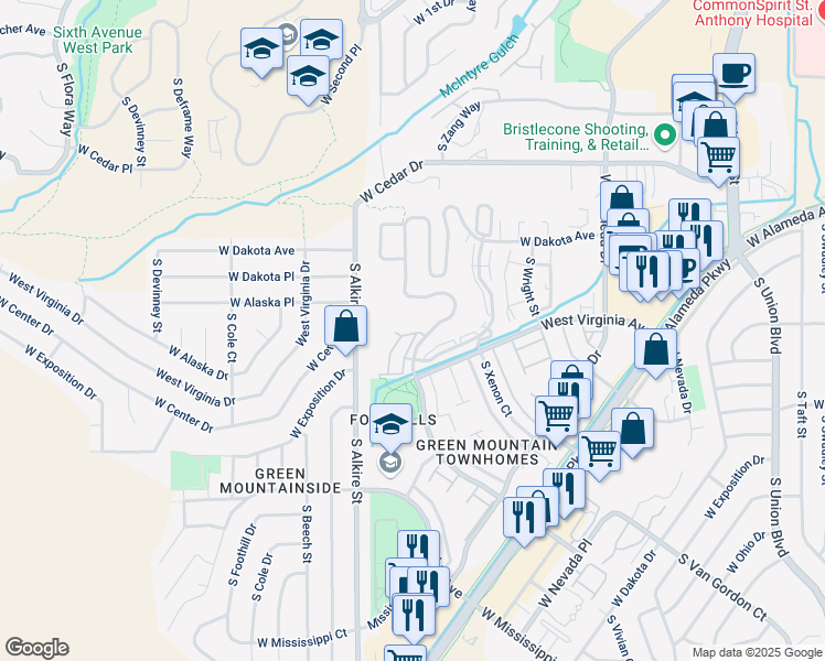 map of restaurants, bars, coffee shops, grocery stores, and more near 98 South Youngfield Court in Lakewood
