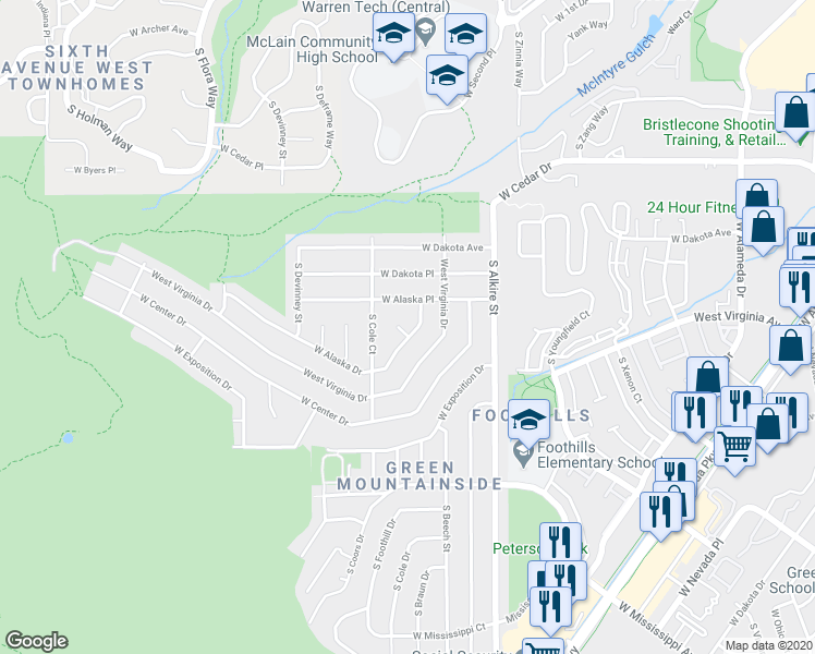 map of restaurants, bars, coffee shops, grocery stores, and more near 13578 West Alaska Drive in Lakewood