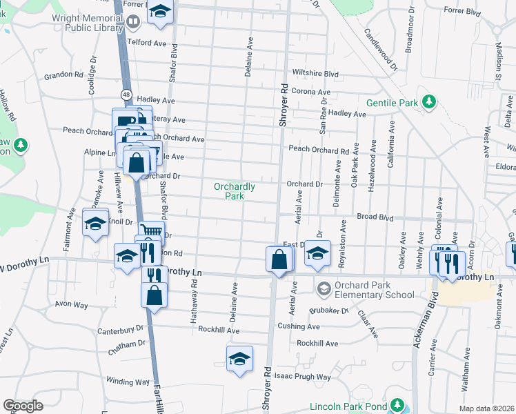 map of restaurants, bars, coffee shops, grocery stores, and more near 420 Claranna Avenue in Dayton