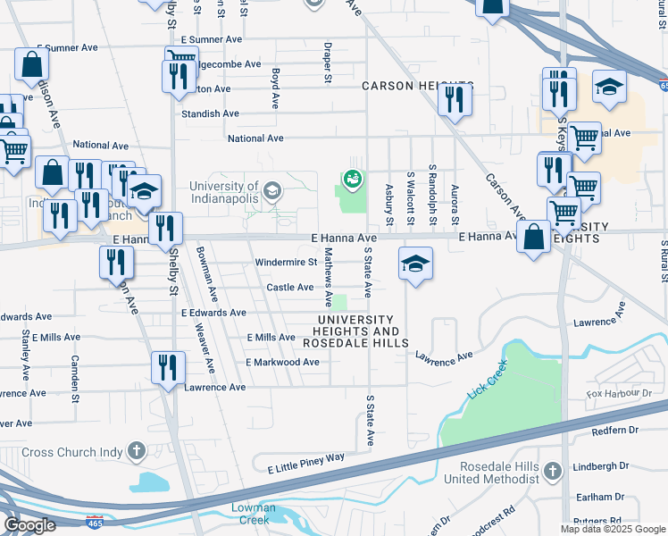 map of restaurants, bars, coffee shops, grocery stores, and more near 4061 Mathews Avenue in Indianapolis
