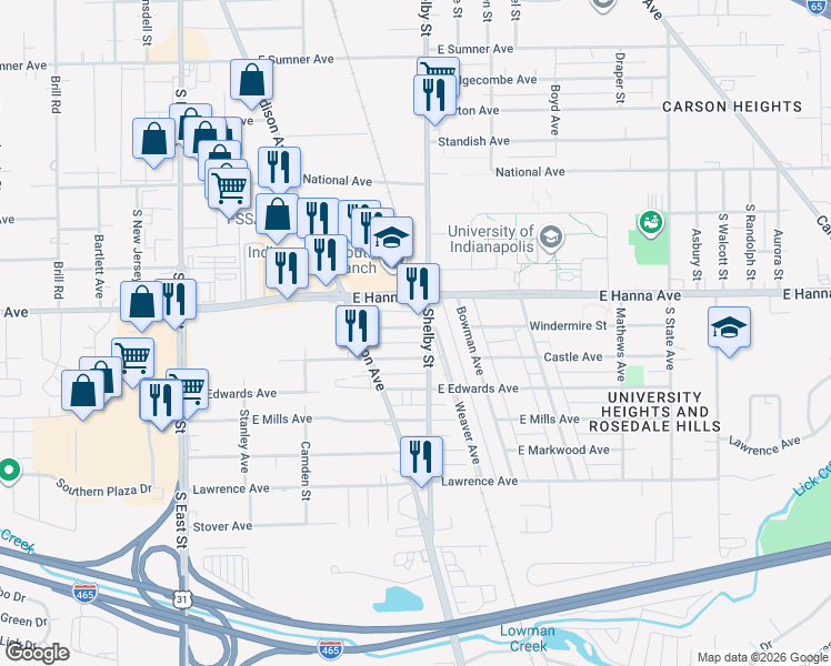 map of restaurants, bars, coffee shops, grocery stores, and more near 1044 Castle Avenue in Indianapolis