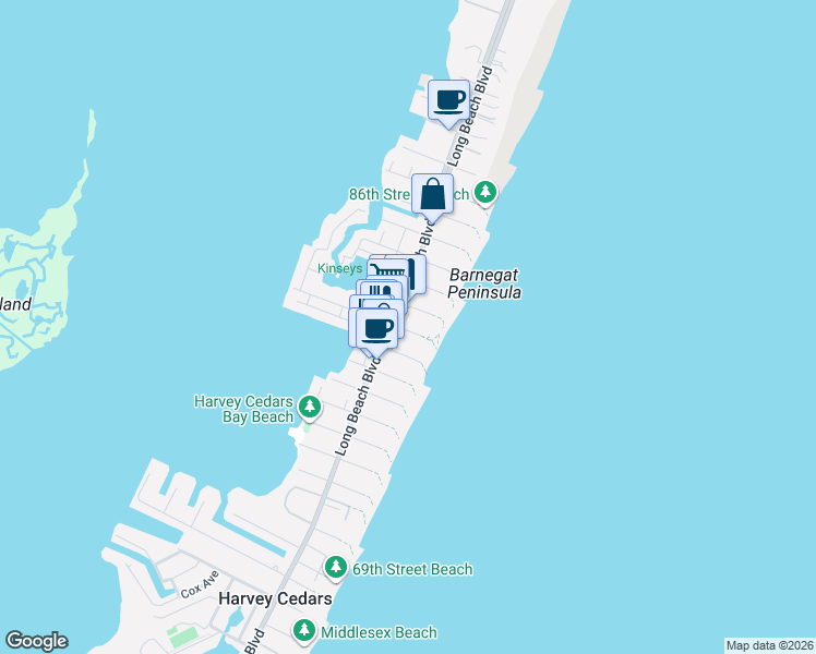 map of restaurants, bars, coffee shops, grocery stores, and more near 7 East 79th Street in Harvey Cedars