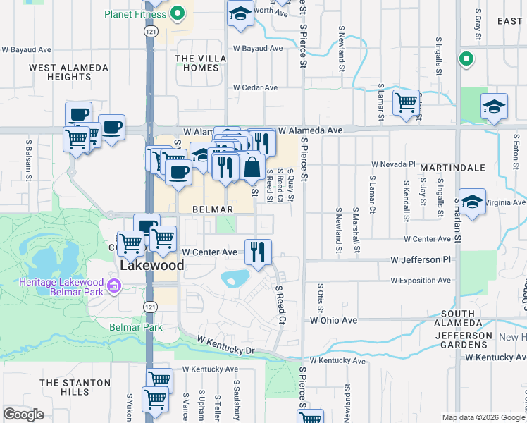 map of restaurants, bars, coffee shops, grocery stores, and more near 530 South Saulsbury Street in Lakewood