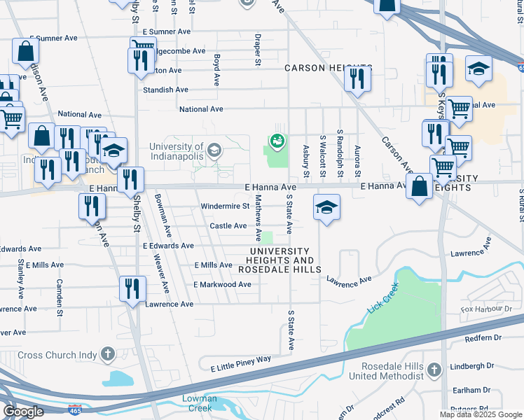 map of restaurants, bars, coffee shops, grocery stores, and more near 4061 Mathews Avenue in Indianapolis