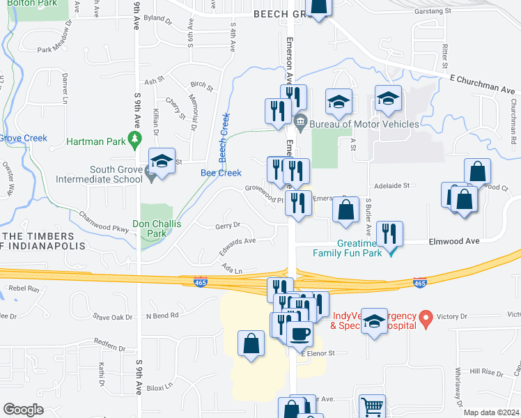 map of restaurants, bars, coffee shops, grocery stores, and more near 218 Grovewood Drive in Beech Grove