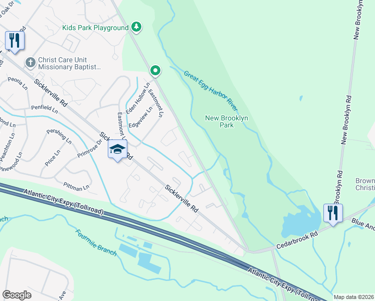 map of restaurants, bars, coffee shops, grocery stores, and more near 5 Victoria Manor Court in Sicklerville
