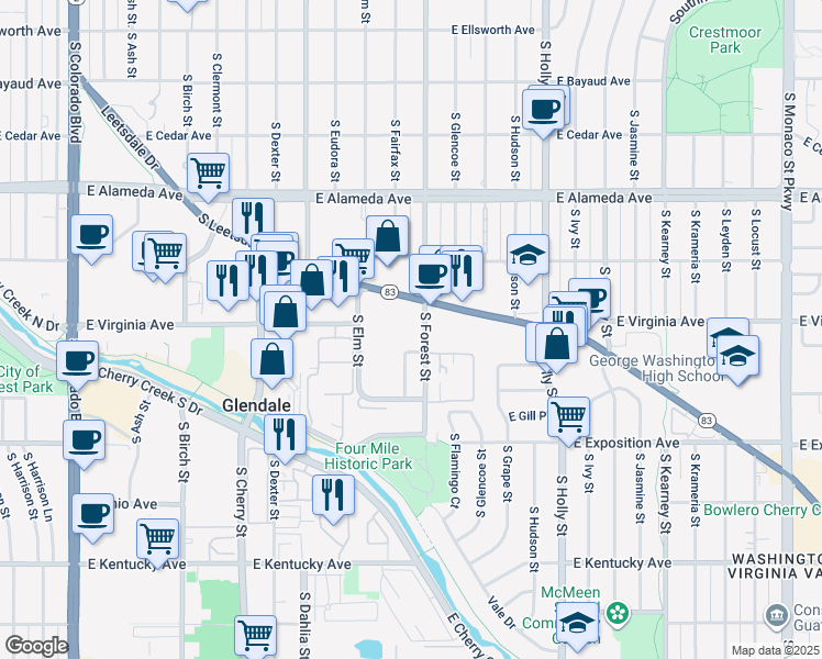 map of restaurants, bars, coffee shops, grocery stores, and more near 551 South Fairfax Street in Denver