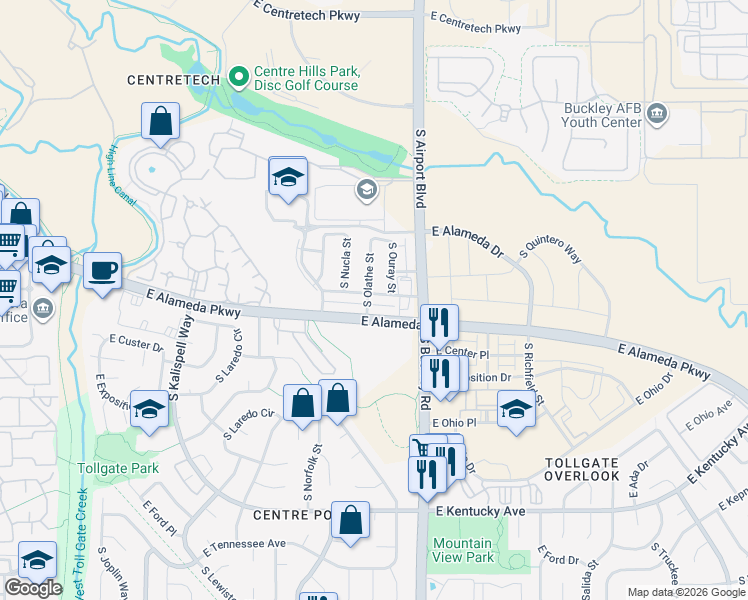map of restaurants, bars, coffee shops, grocery stores, and more near 16650 East Alameda Parkway in Aurora