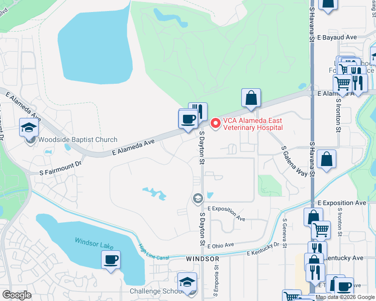 map of restaurants, bars, coffee shops, grocery stores, and more near 9625 East Center Avenue in Denver