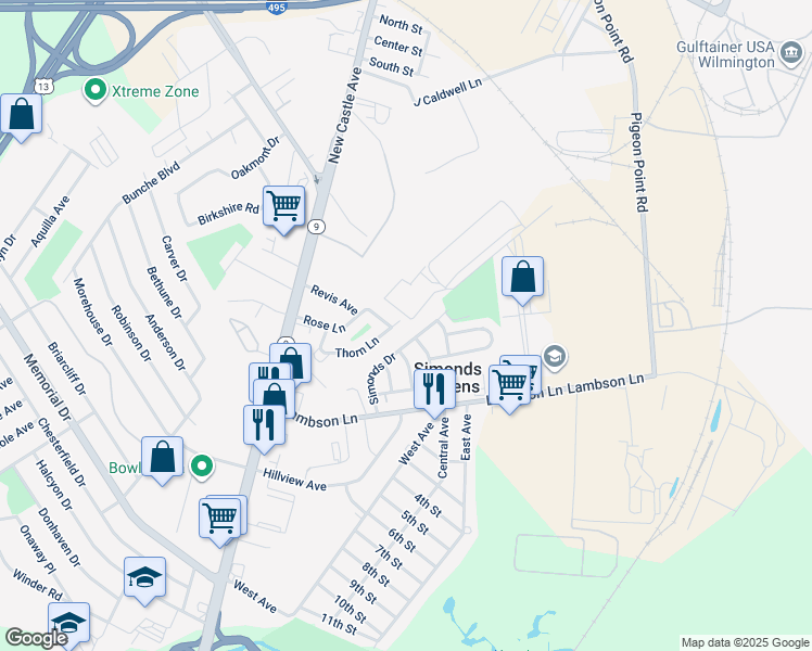 map of restaurants, bars, coffee shops, grocery stores, and more near 10 Dock View Drive in New Castle