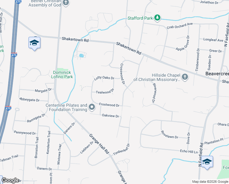 map of restaurants, bars, coffee shops, grocery stores, and more near 702 Tealwood Drive in Beavercreek