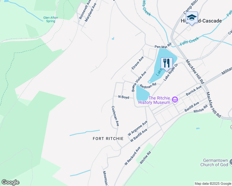 map of restaurants, bars, coffee shops, grocery stores, and more near 729 -2 Cushman Avenue in Fort Ritchie