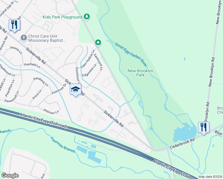 map of restaurants, bars, coffee shops, grocery stores, and more near 42 Victoria Manor Court in Sicklerville