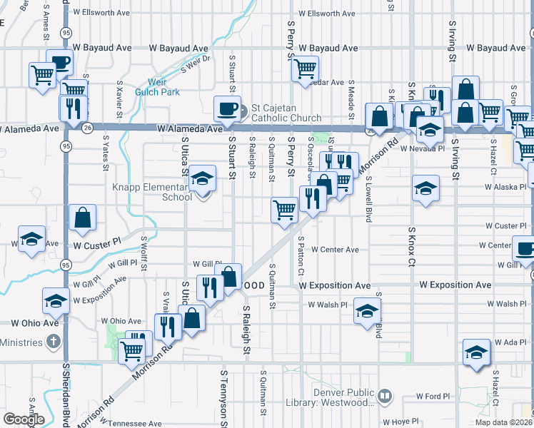 map of restaurants, bars, coffee shops, grocery stores, and more near 500 South Quitman Street in Denver
