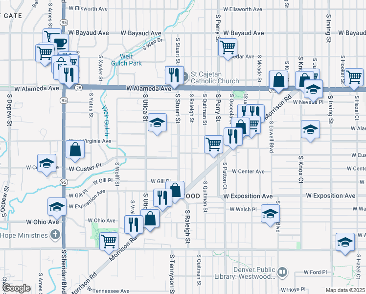 map of restaurants, bars, coffee shops, grocery stores, and more near 503 South Stuart Street in Denver