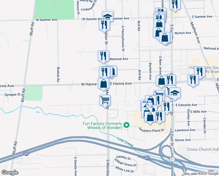 map of restaurants, bars, coffee shops, grocery stores, and more near 3960 South Meridian Street in Indianapolis