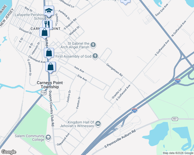 map of restaurants, bars, coffee shops, grocery stores, and more near 411 Ives Avenue in Carneys Point Township