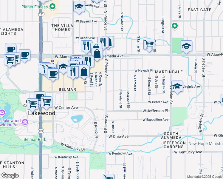 map of restaurants, bars, coffee shops, grocery stores, and more near 460 South Pierce Street in Lakewood