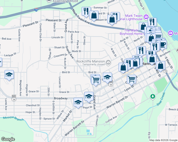 map of restaurants, bars, coffee shops, grocery stores, and more near 321 North Section Street in Hannibal