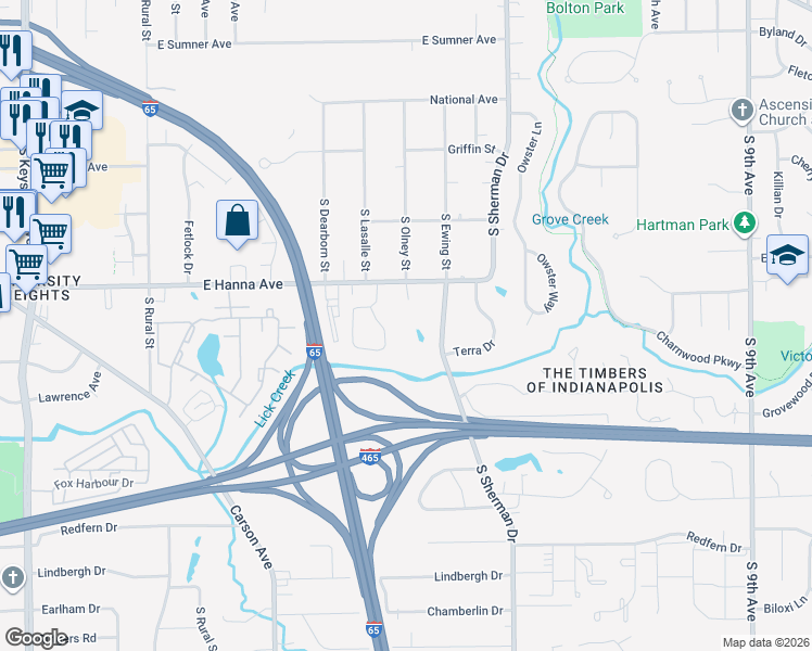 map of restaurants, bars, coffee shops, grocery stores, and more near 3525 East Hanna Avenue in Indianapolis