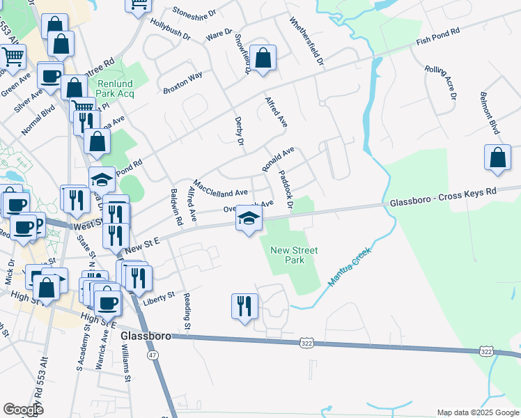 map of restaurants, bars, coffee shops, grocery stores, and more near 400 Overbrook Avenue in Glassboro