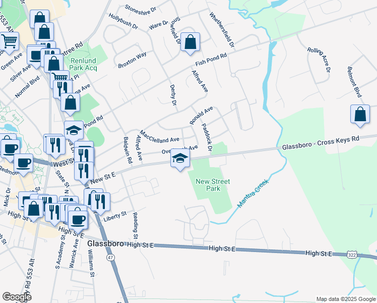 map of restaurants, bars, coffee shops, grocery stores, and more near 400 Overbrook Avenue in Glassboro