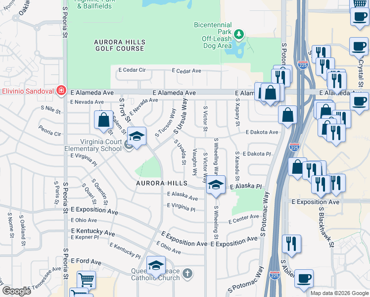 map of restaurants, bars, coffee shops, grocery stores, and more near 13106 East Dakota Avenue in Aurora