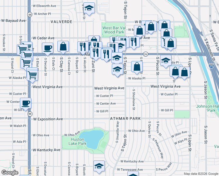 map of restaurants, bars, coffee shops, grocery stores, and more near 2199 West Virginia Avenue in Denver