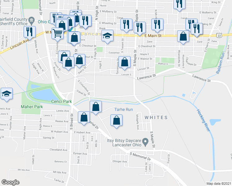 map of restaurants, bars, coffee shops, grocery stores, and more near 279 Canal Street in Lancaster