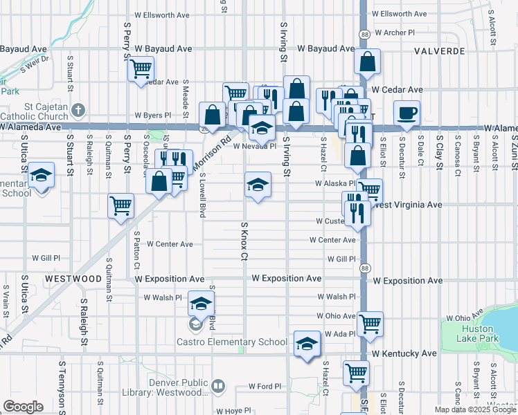 map of restaurants, bars, coffee shops, grocery stores, and more near 3440 West Virginia Avenue in Denver