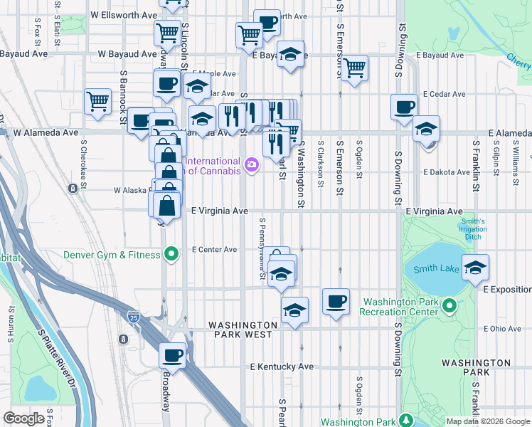 map of restaurants, bars, coffee shops, grocery stores, and more near 473 South Pennsylvania Street in Denver