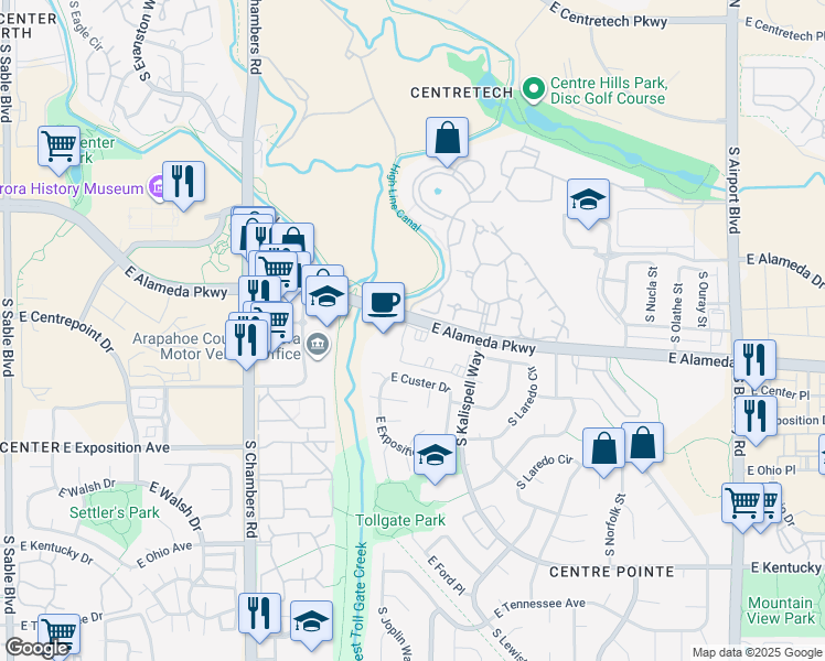 map of restaurants, bars, coffee shops, grocery stores, and more near 256 South Joplin Street in Aurora
