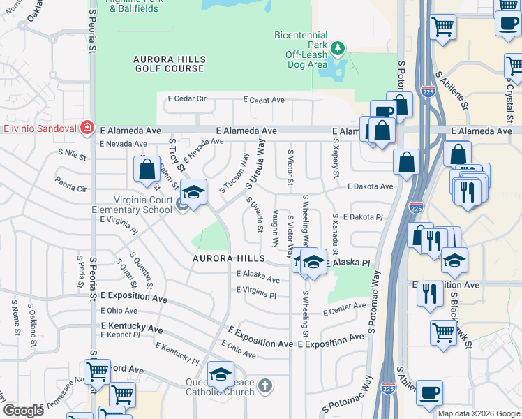 map of restaurants, bars, coffee shops, grocery stores, and more near 13106 East Dakota Avenue in Aurora