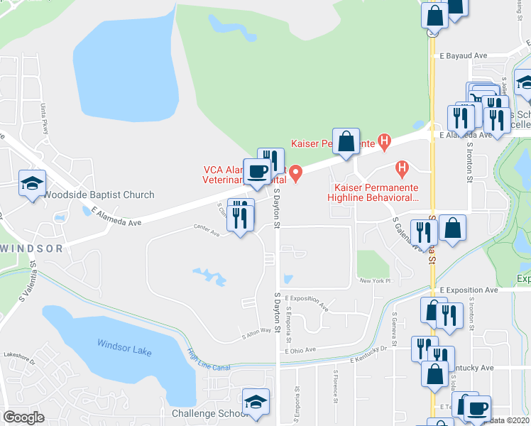 map of restaurants, bars, coffee shops, grocery stores, and more near 495 Center Avenue in Denver