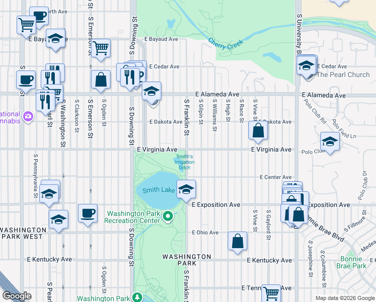 map of restaurants, bars, coffee shops, grocery stores, and more near in Denver