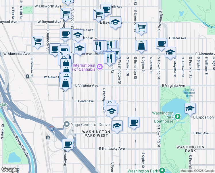 map of restaurants, bars, coffee shops, grocery stores, and more near 471 South Pearl Street in Denver