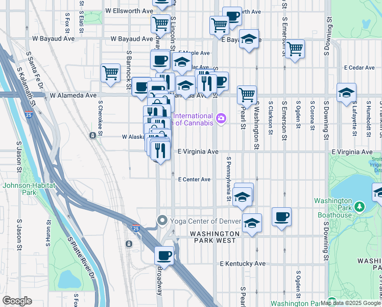 map of restaurants, bars, coffee shops, grocery stores, and more near 470 South Sherman Street in Denver
