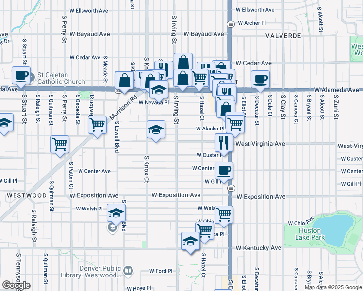 map of restaurants, bars, coffee shops, grocery stores, and more near 3309 West Virginia Avenue in Denver