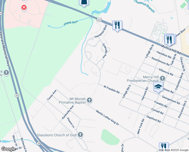 map of restaurants, bars, coffee shops, grocery stores, and more near 733 Elmhurst Place in Glassboro