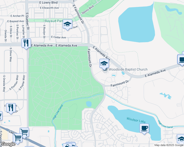 map of restaurants, bars, coffee shops, grocery stores, and more near 8400 Fairmount Drive in Denver