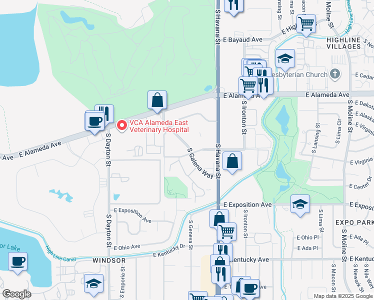 map of restaurants, bars, coffee shops, grocery stores, and more near 425 South Galena Way in Denver