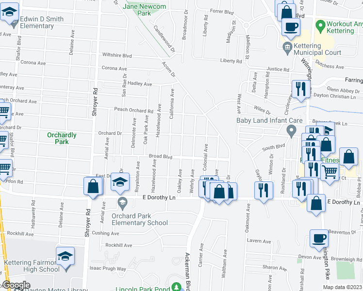 map of restaurants, bars, coffee shops, grocery stores, and more near 2716 Oakley Avenue in Dayton