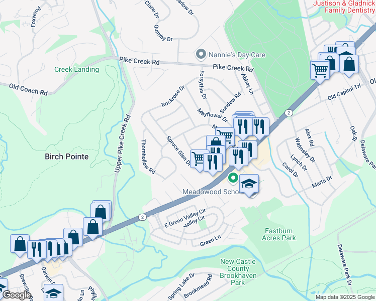 map of restaurants, bars, coffee shops, grocery stores, and more near 135 Meadowood Drive in Newark