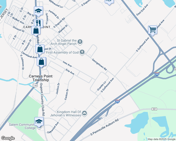 map of restaurants, bars, coffee shops, grocery stores, and more near 419 Ives Avenue in Carneys Point Township