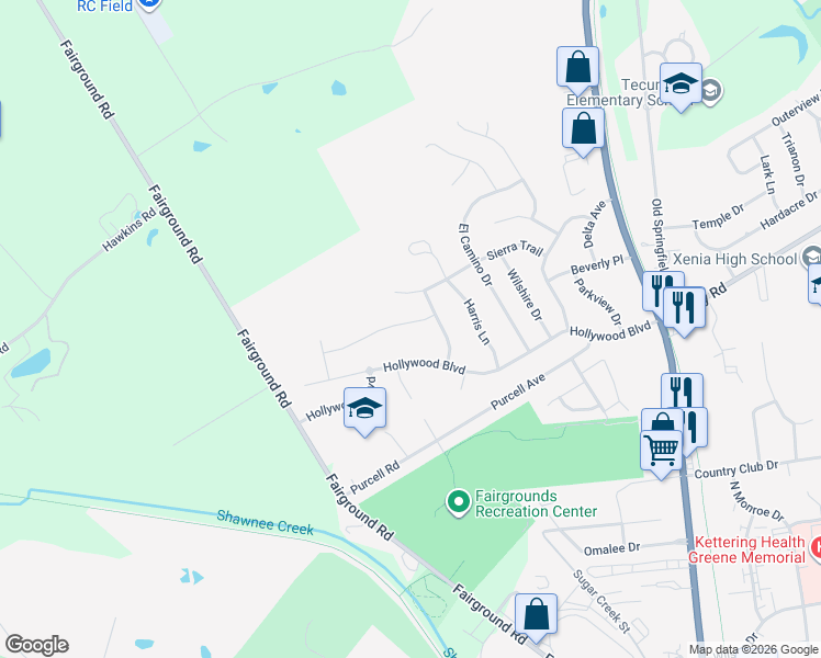 map of restaurants, bars, coffee shops, grocery stores, and more near 2231 Carousel Drive in Xenia